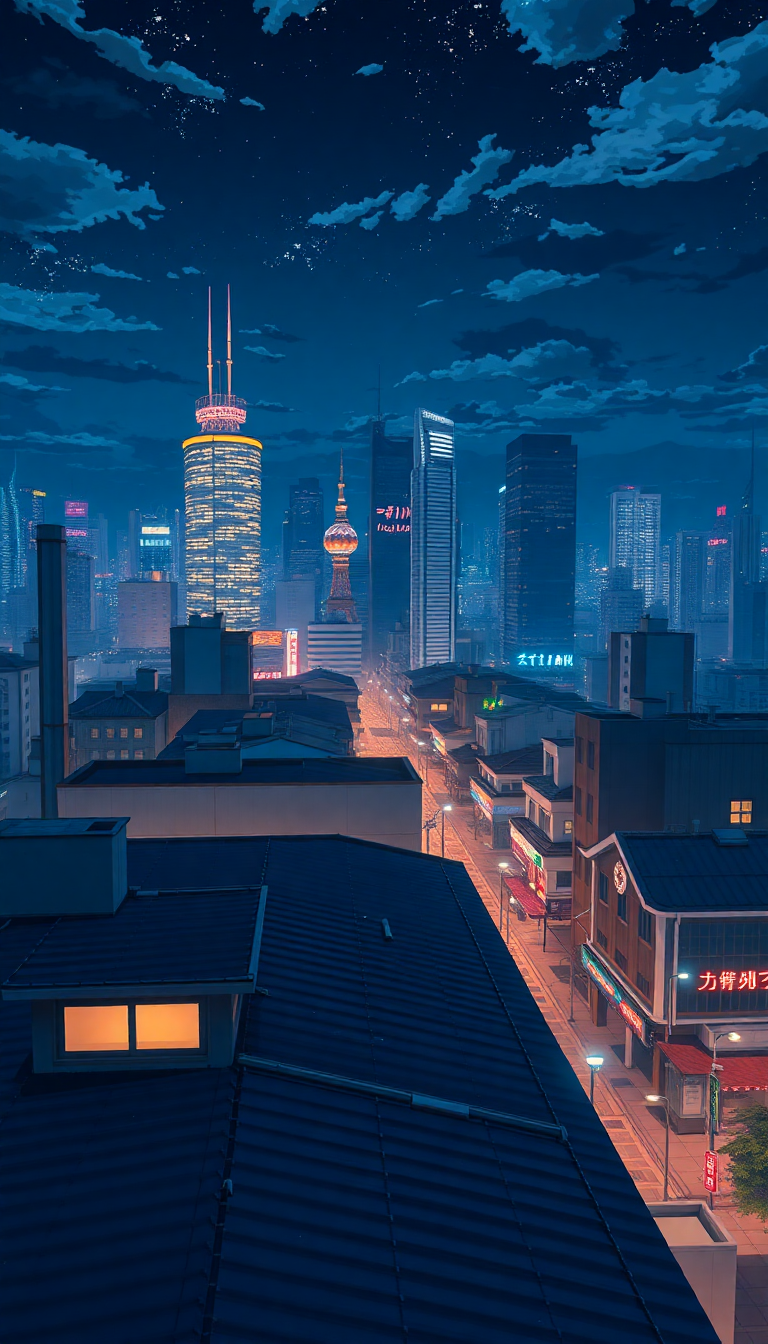 Rooftop At Night City Lights Anime Wallpaper