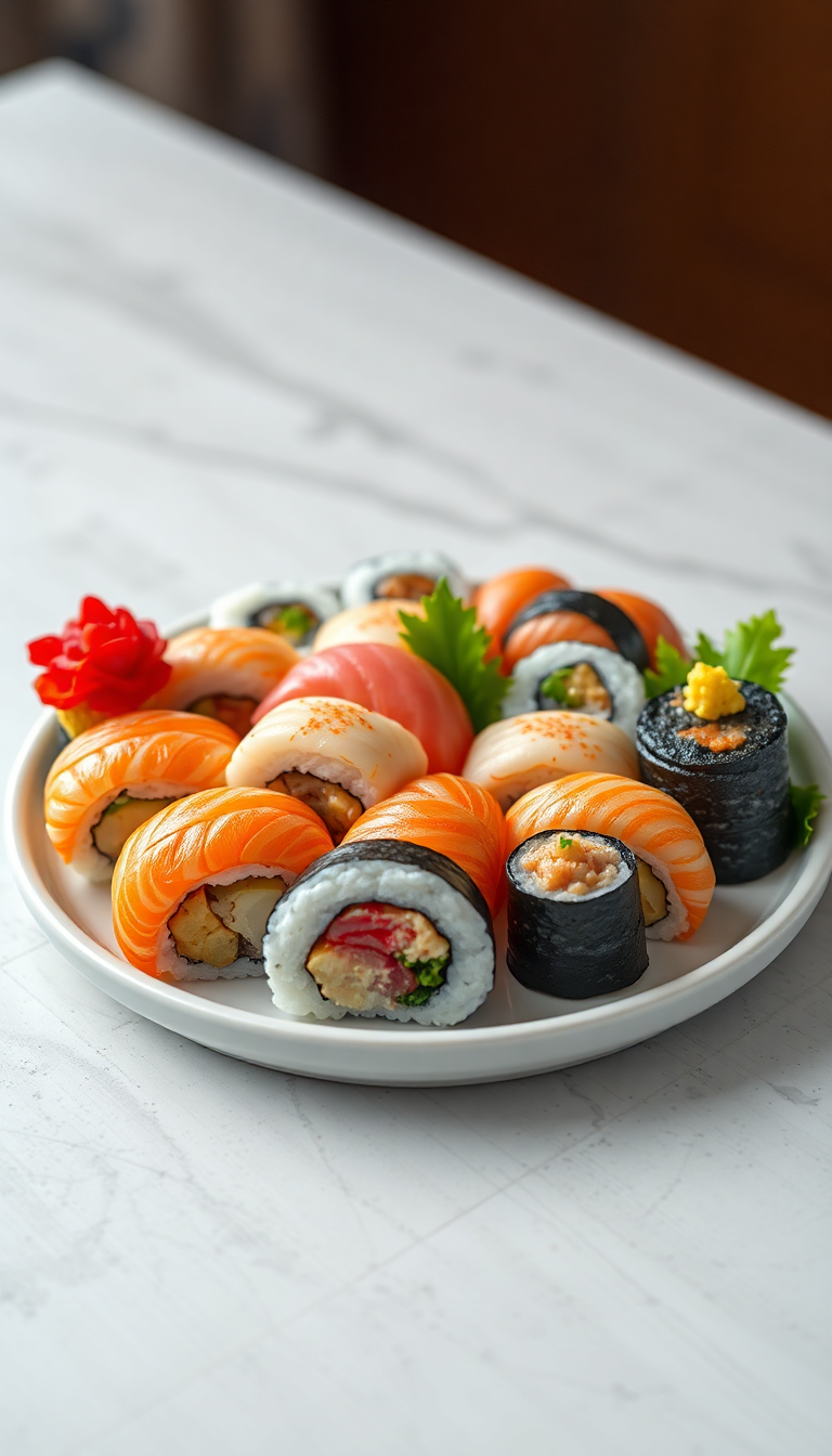 Fresh Sushi Arrangement Artistic Plating Photorealistic Wallpaper