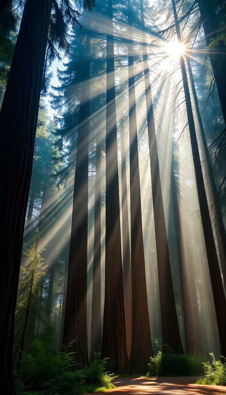Giant Redwood Trees Morning Fog Photorealistic Wallpaper