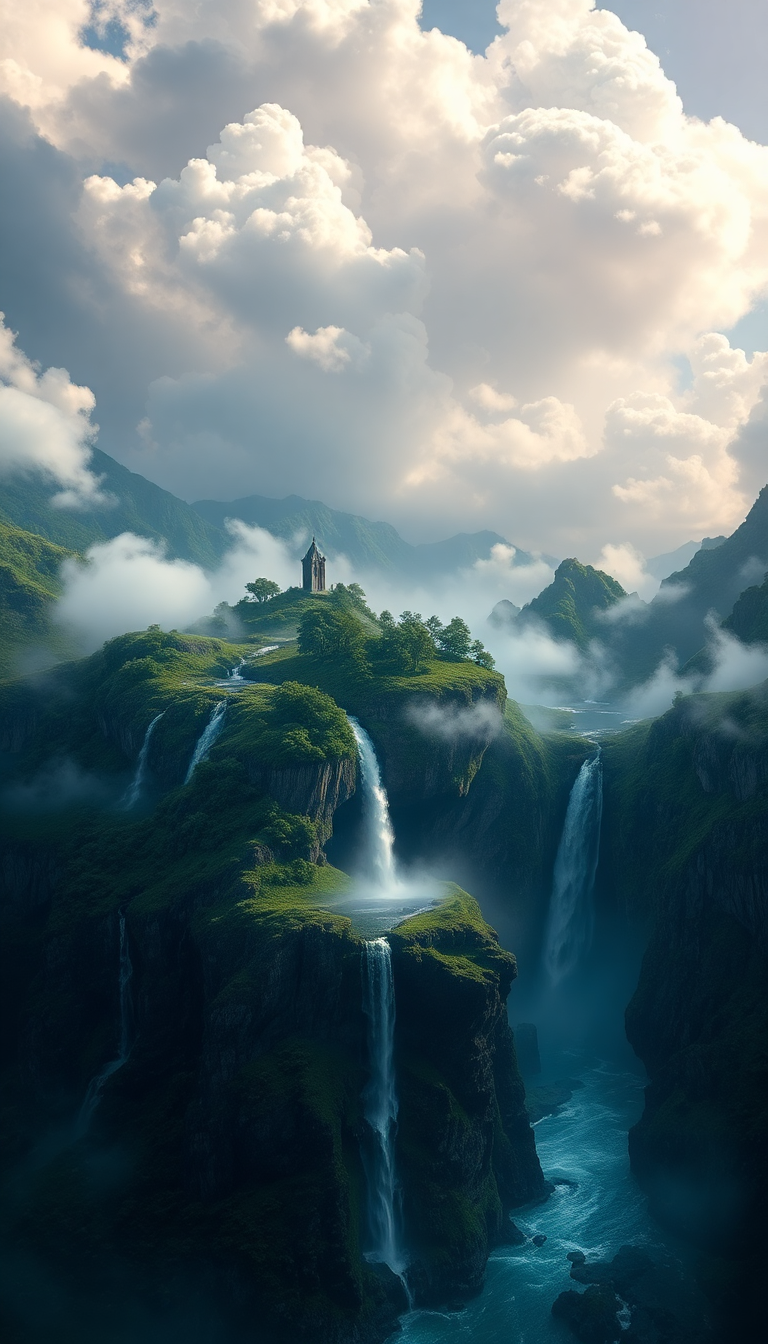 Floating Islands Waterfalls Flowing Into Digital art Wallpaper