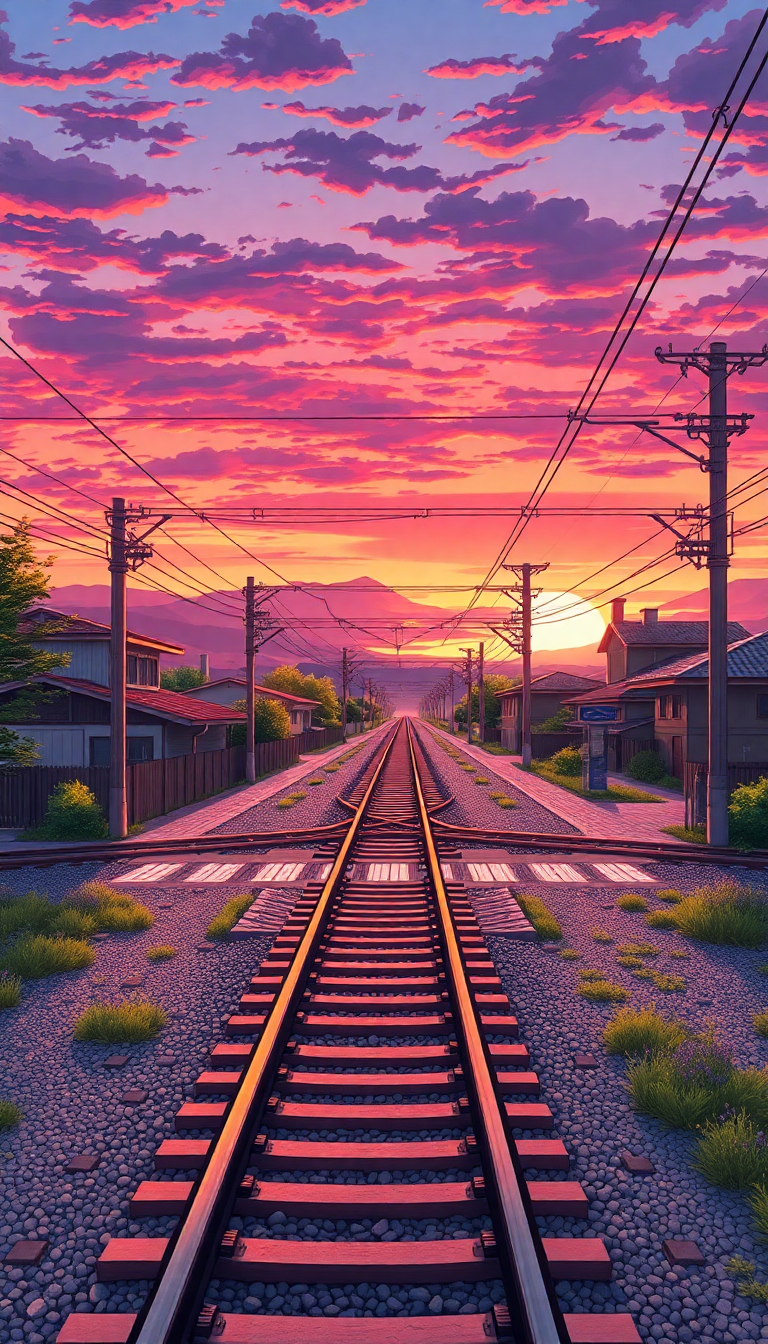 Train Crossing Rural Japan Sunset Anime Wallpaper