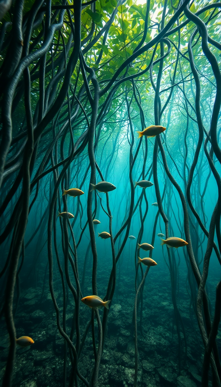 Mangrove Forest Roots Underwater Fish Photorealistic Wallpaper