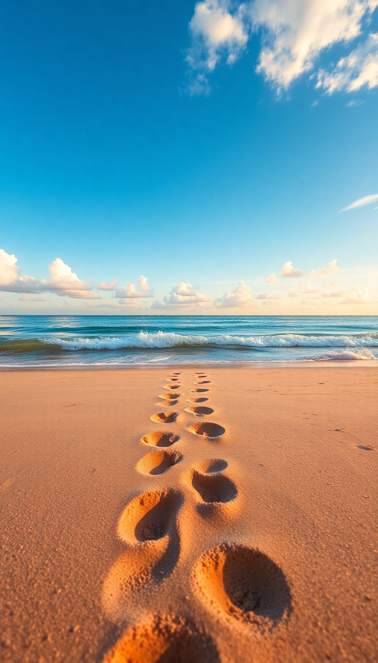 Summer Beach Golden Hour Footprints Photorealistic Wallpaper