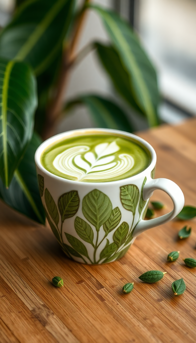 Matcha Latte Art Leaf Pattern Photorealistic Wallpaper