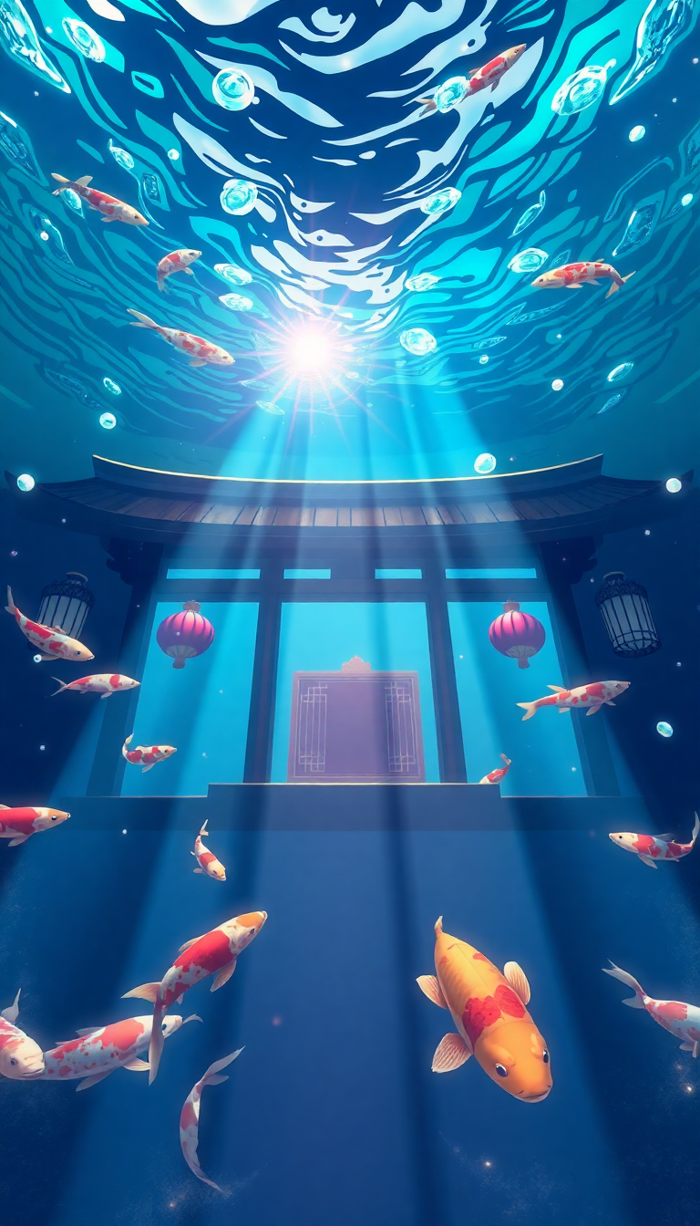 Underwater Shrine Koi Fish Swimming Anime Wallpaper