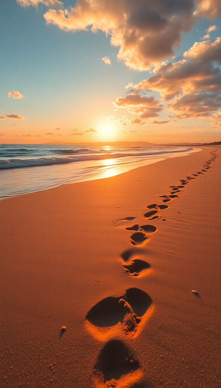 Summer Beach Golden Hour Footprints Photorealistic Wallpaper