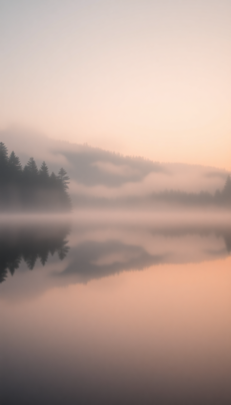 Morning Mist Over Still Lake Photorealistic Wallpaper