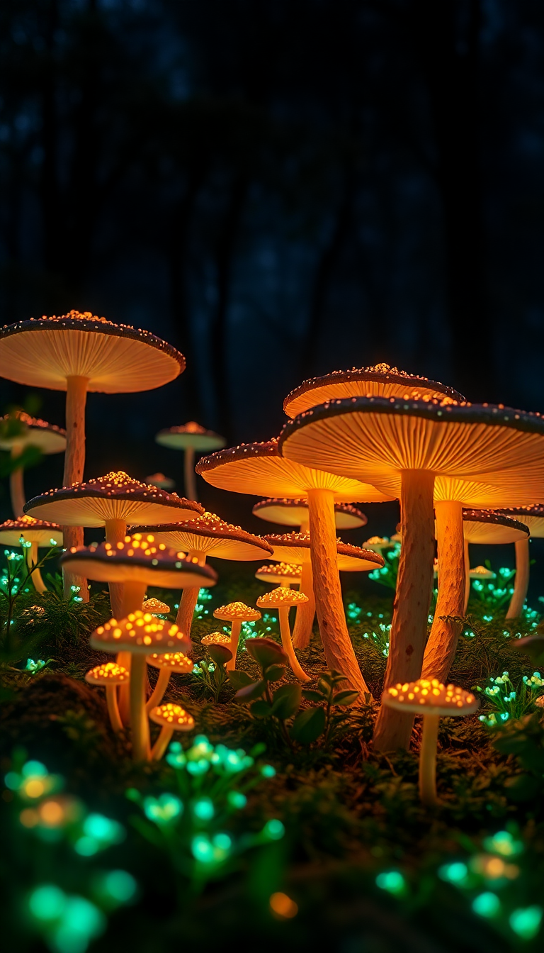 Bioluminescent Mushroom Forest At Night Photorealistic Wallpaper