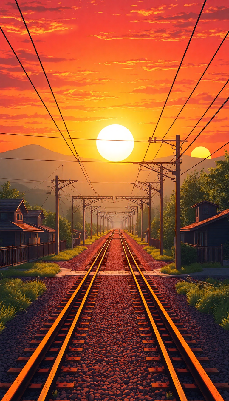 Train Crossing Rural Japan Sunset Anime Wallpaper