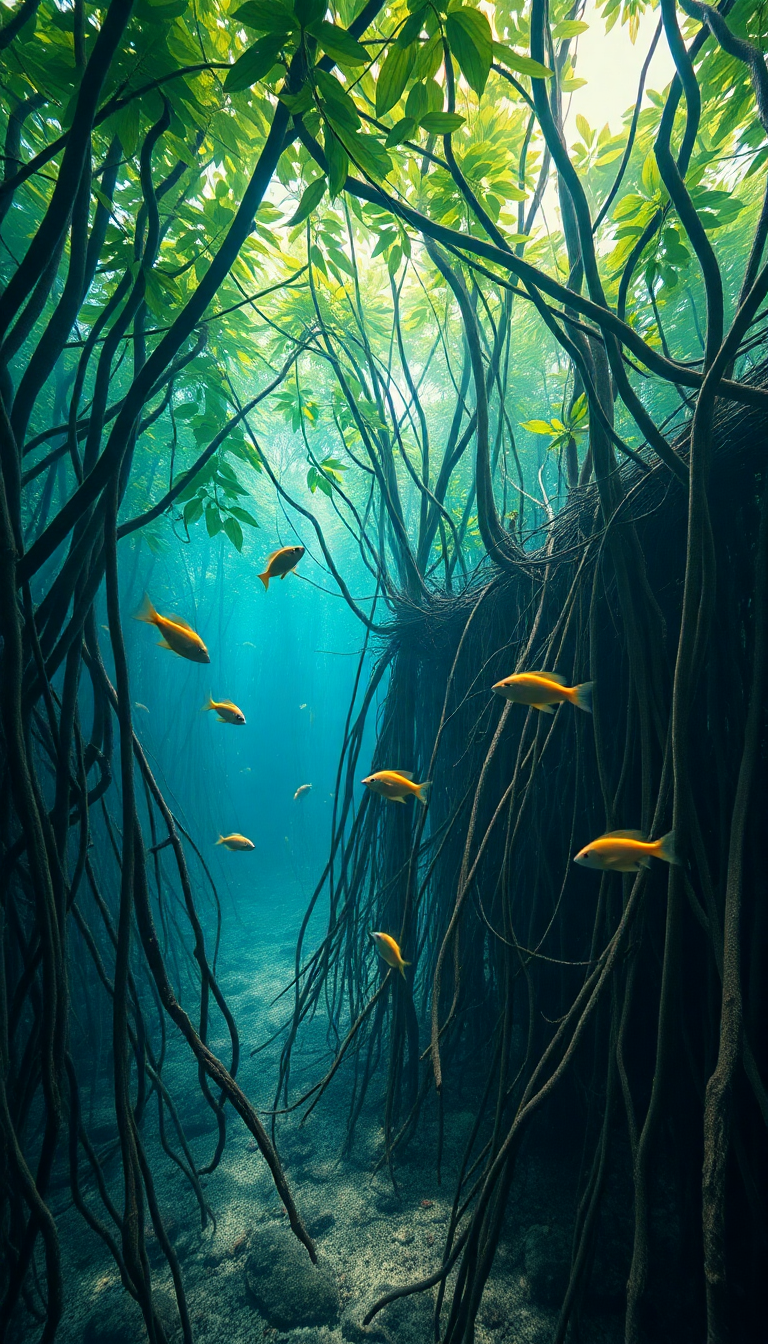 Mangrove Forest Roots Underwater Fish Photorealistic Wallpaper