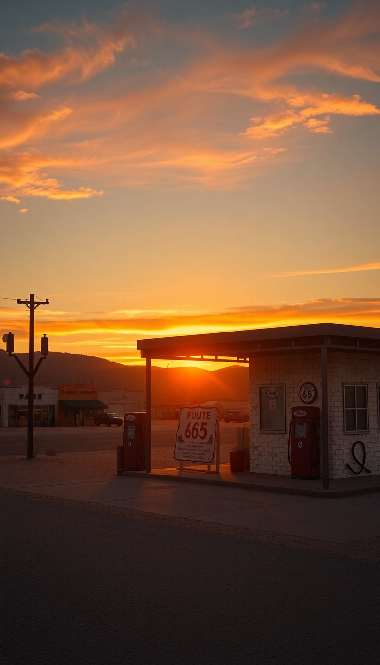 Old Gas Station Desert Route Photorealistic Wallpaper
