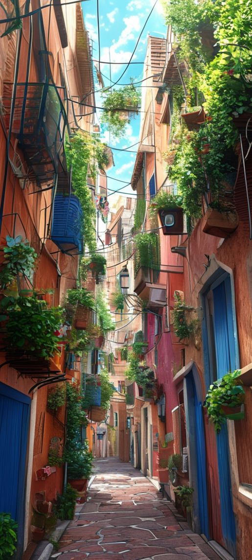 Narrow Italian Alley Colorful Buildings Photorealistic Wallpaper