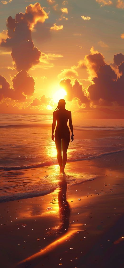 Beach Sunset Golden Hour Silhouette Photorealistic Wallpaper