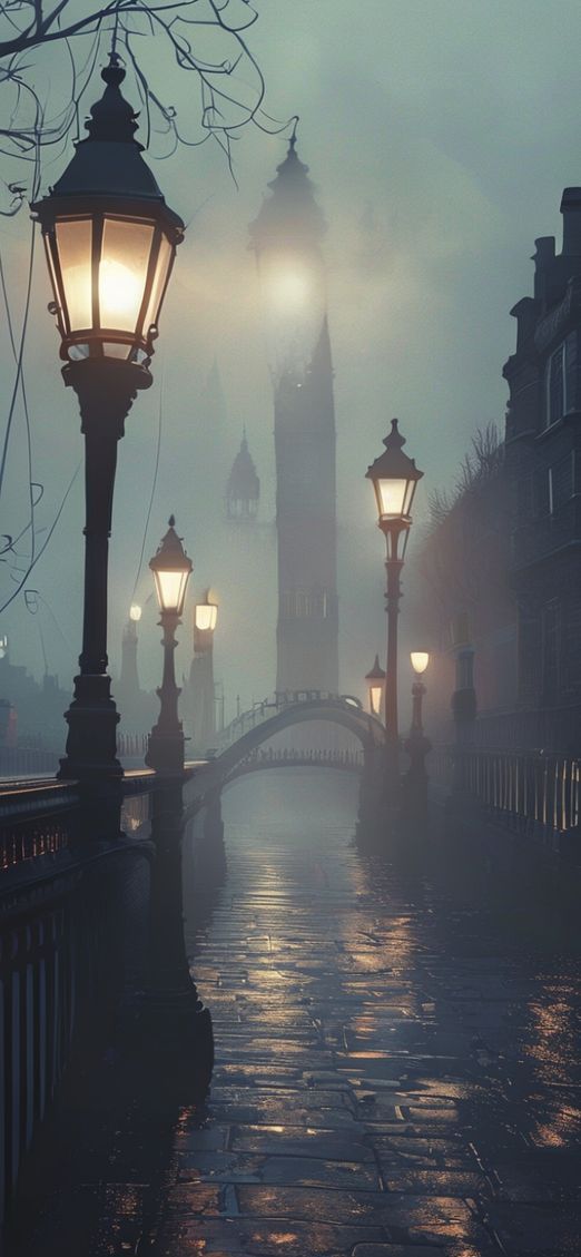Foggy London Bridge Vintage Lampposts Photorealistic Wallpaper