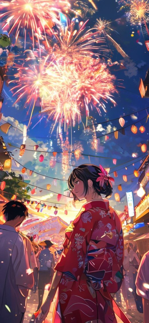 Summer Festival Fireworks Yukata Crowd Anime Wallpaper