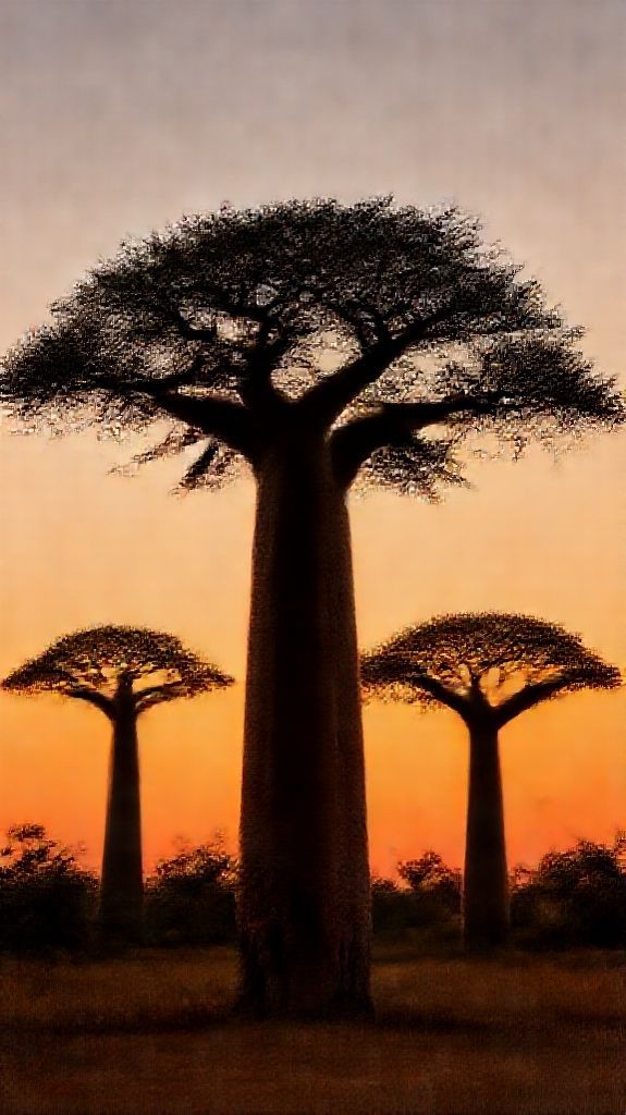 Baobab Trees Silhouette African Sunset Photorealistic Wallpaper