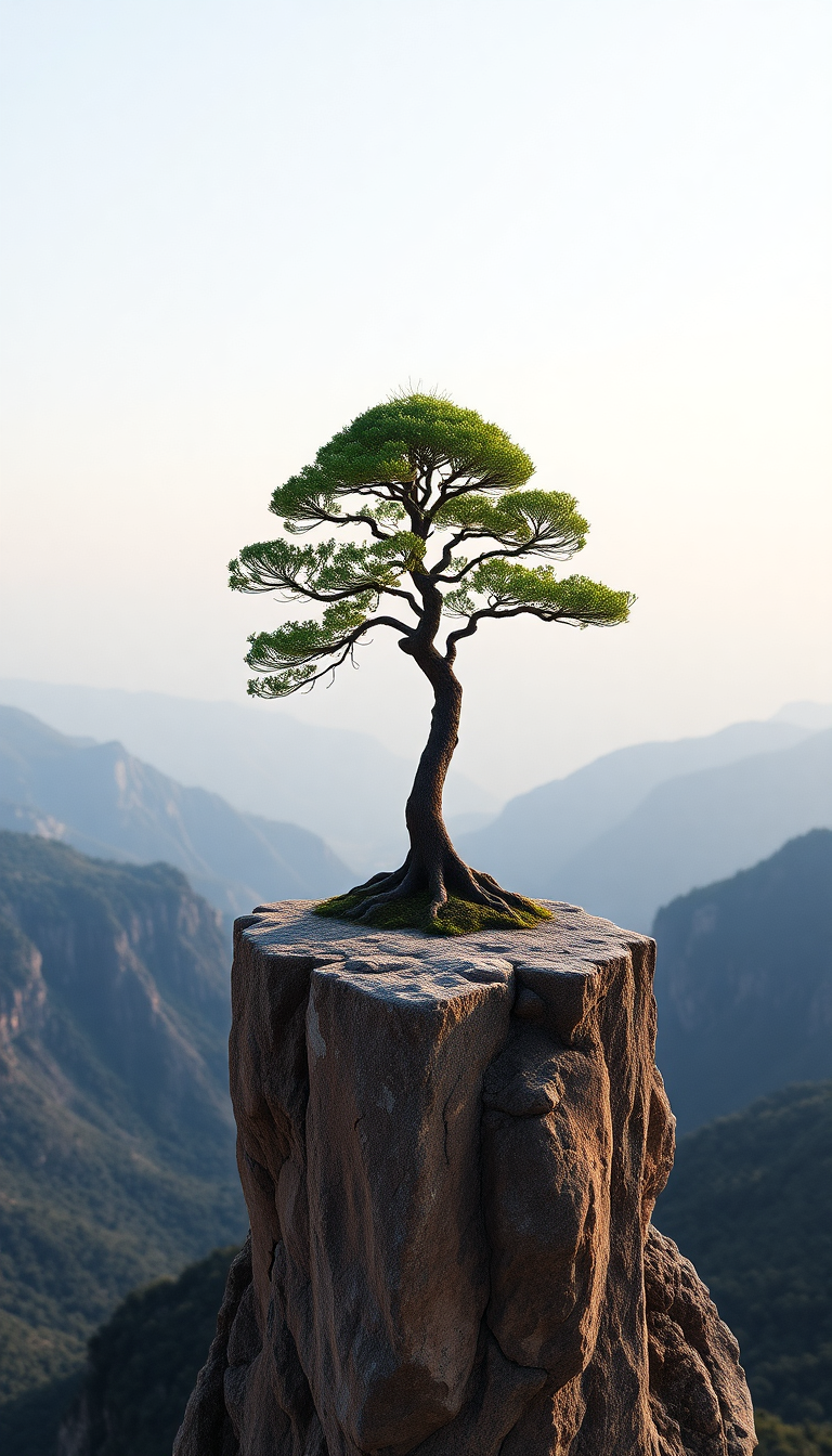 Bonsai Tree On Cliff Edge Minimalist Wallpaper