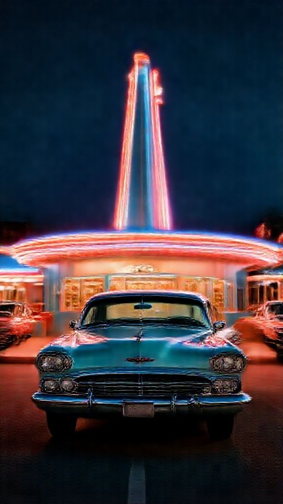Drive-in Movie Theater Night Classic Photorealistic Wallpaper