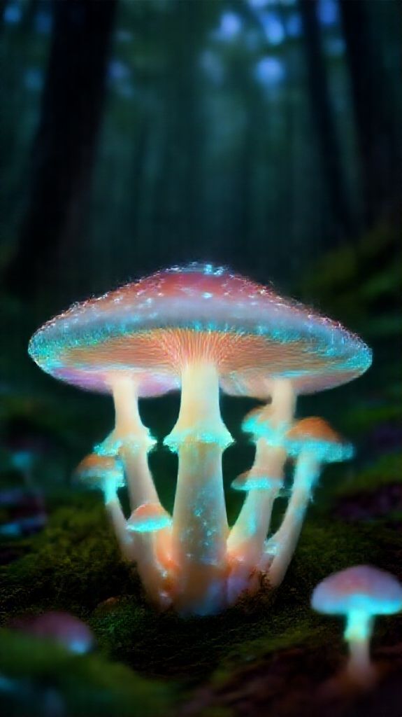 Bioluminescent Mushroom Forest At Night Photorealistic Wallpaper