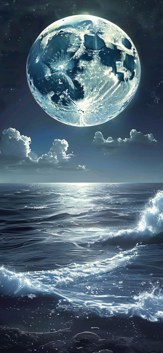 Giant Moon Touching Ocean Surface Surreal Digital art 4K Wallpaper