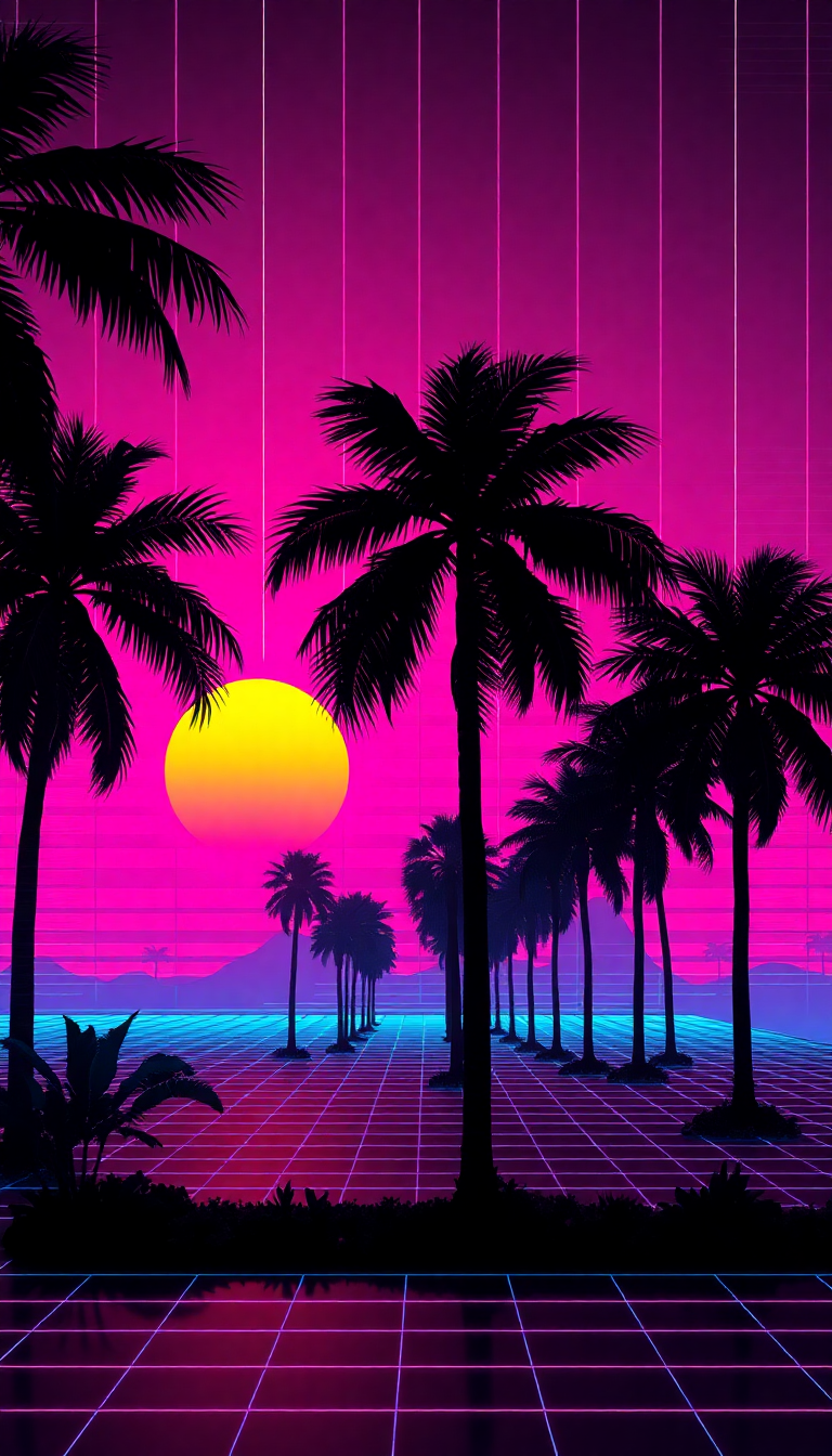 Iridescent Dazzling 80s Synthwave Grid Wallpaper