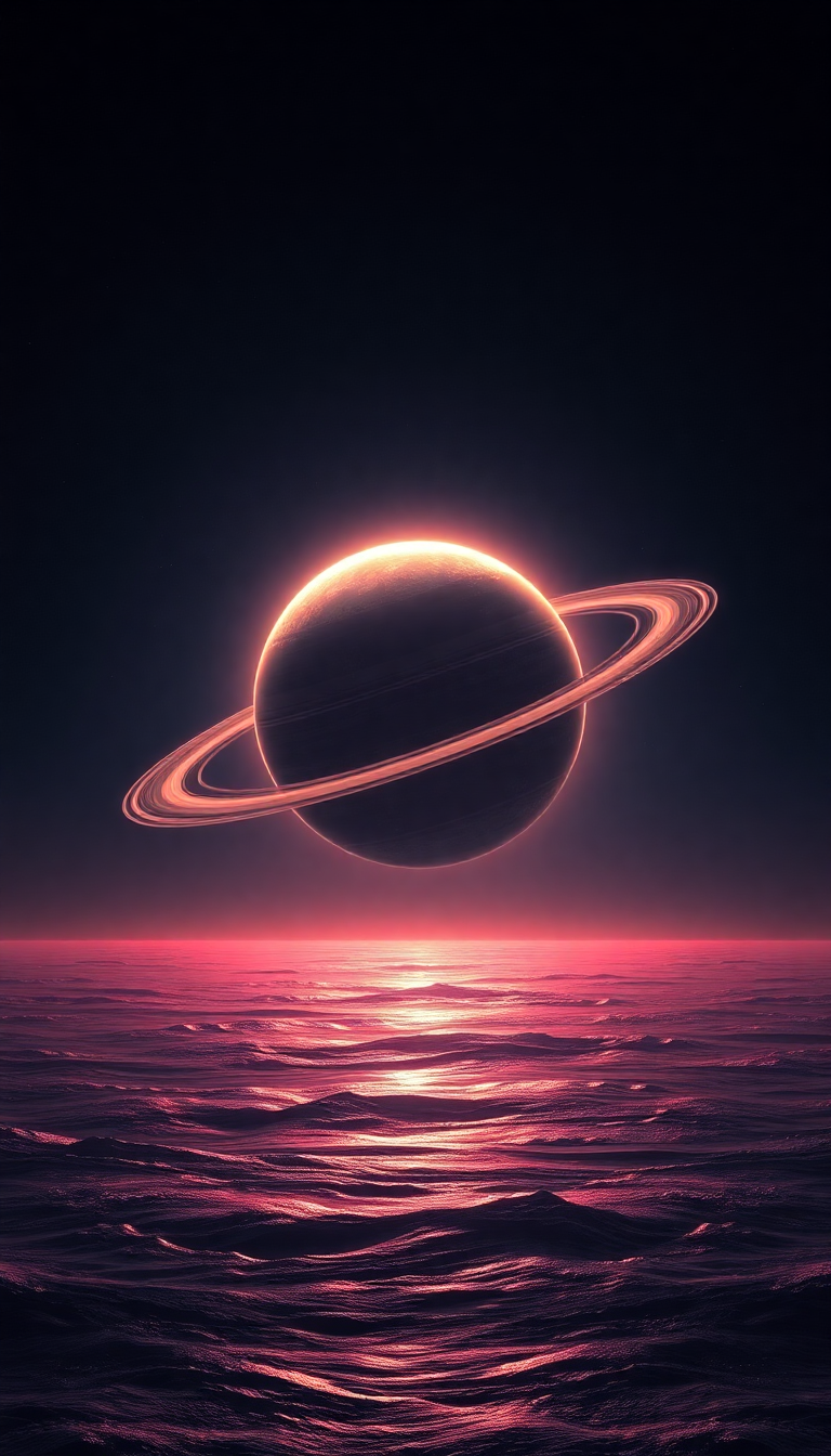 Fantastical Ringed Planet Rising Over Photorealistic Wallpaper