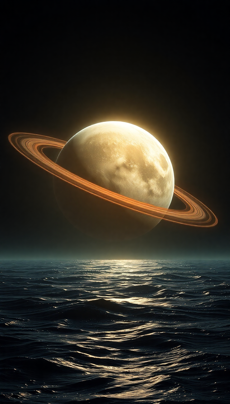 Massive Ringed Planet Rising Over Alien Photorealistic Classic Wallpaper