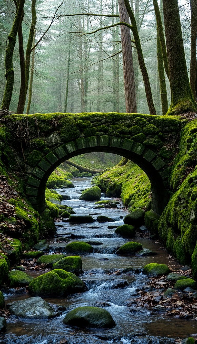 Moss Covered Ancient Stone Bridge Forest Aesthetic Exclusive Wallpaper