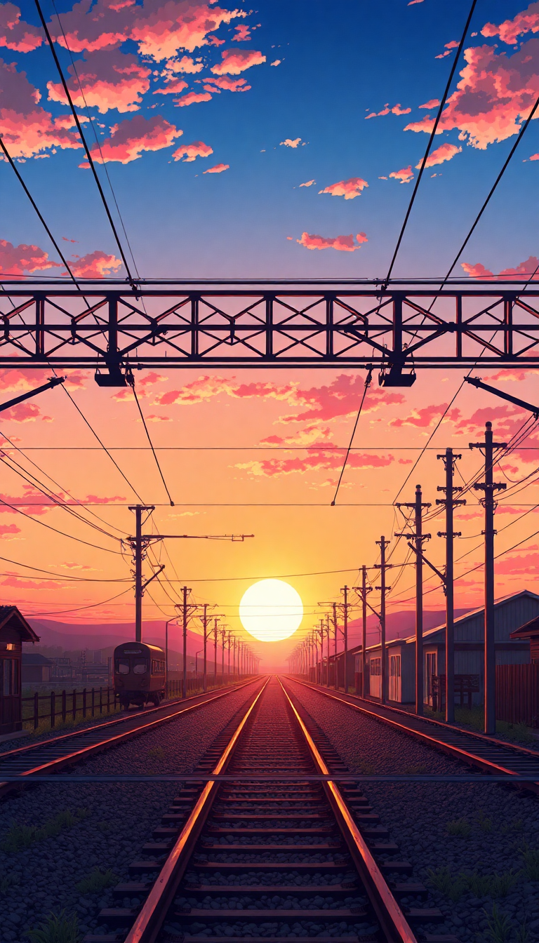 Radiant Sunset Japan Rural Crossing Anime Wallpaper