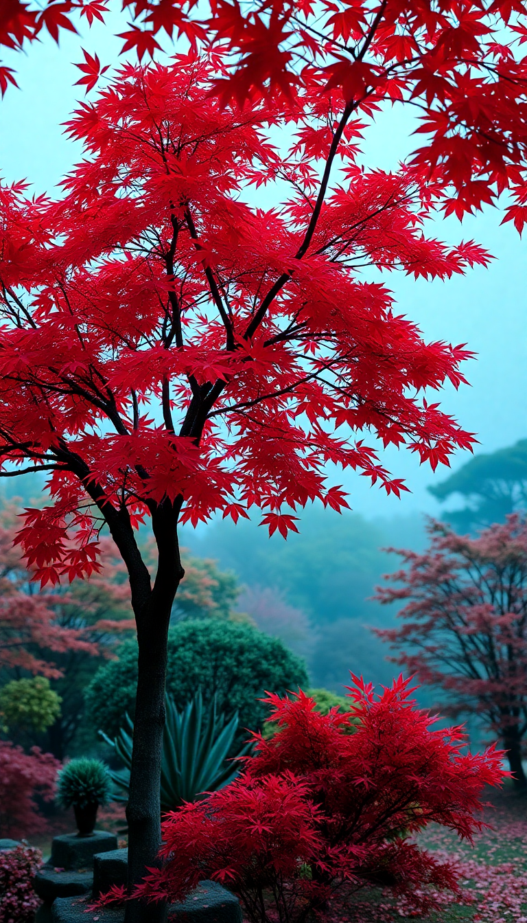 Misty Red Leaves Zen Garden Wallpaper