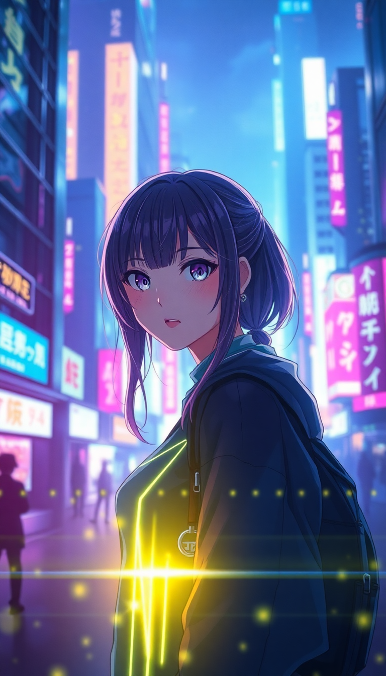 Cyberpunk Anime Girl Neon City Holographic Anime Mega Wallpaper