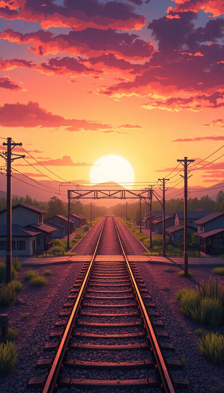 Charming Train Rural Sunset Scenery Anime Wallpaper