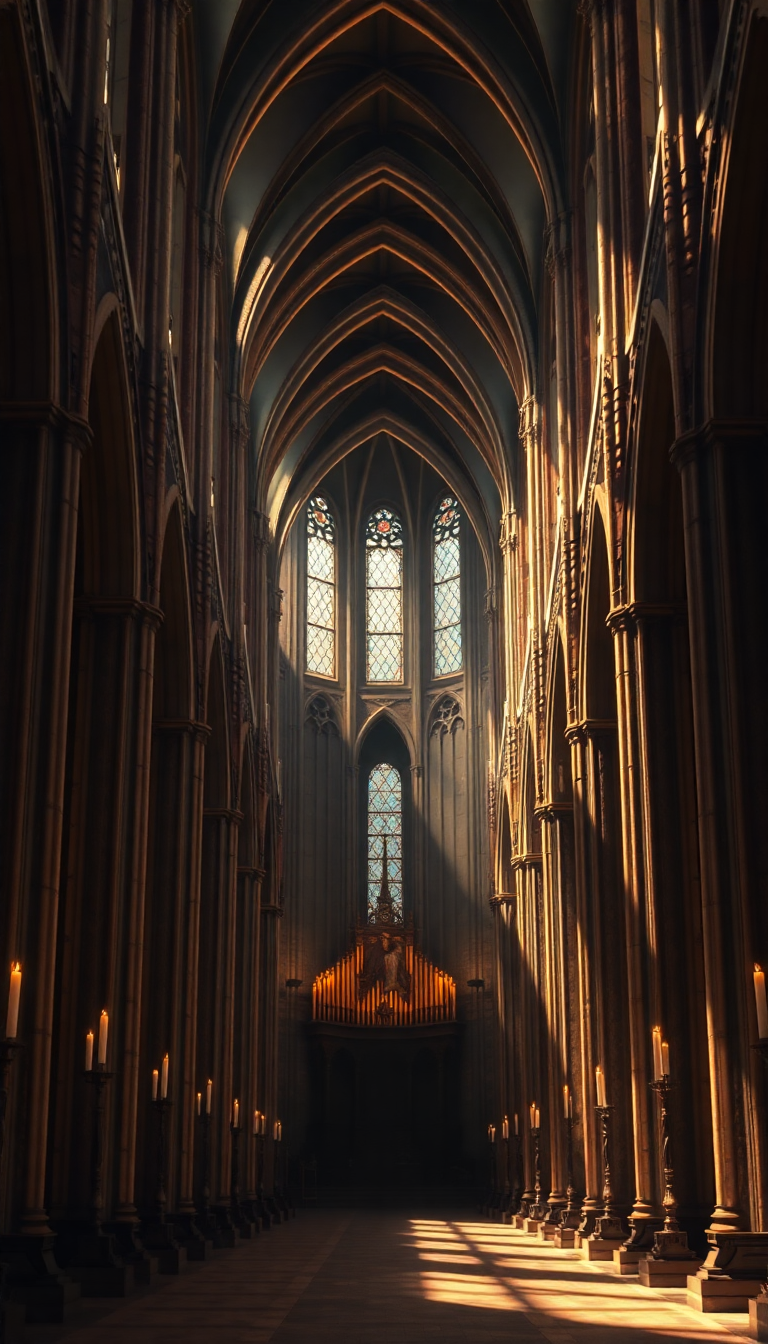 Cathedral Interior Candlelight Shadows Dark Version Wallpaper