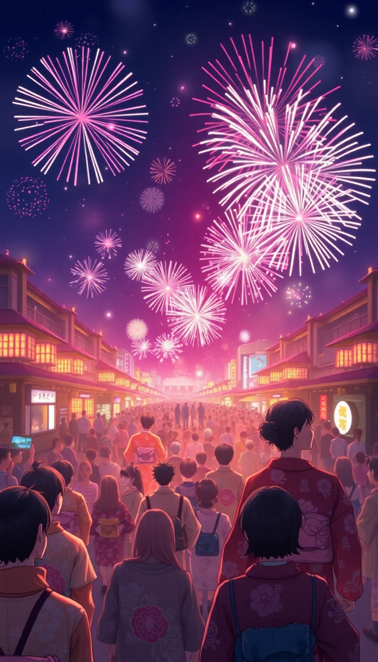 Summer Festival Fireworks Yukata Crowd Anime Anime Plus Wallpaper