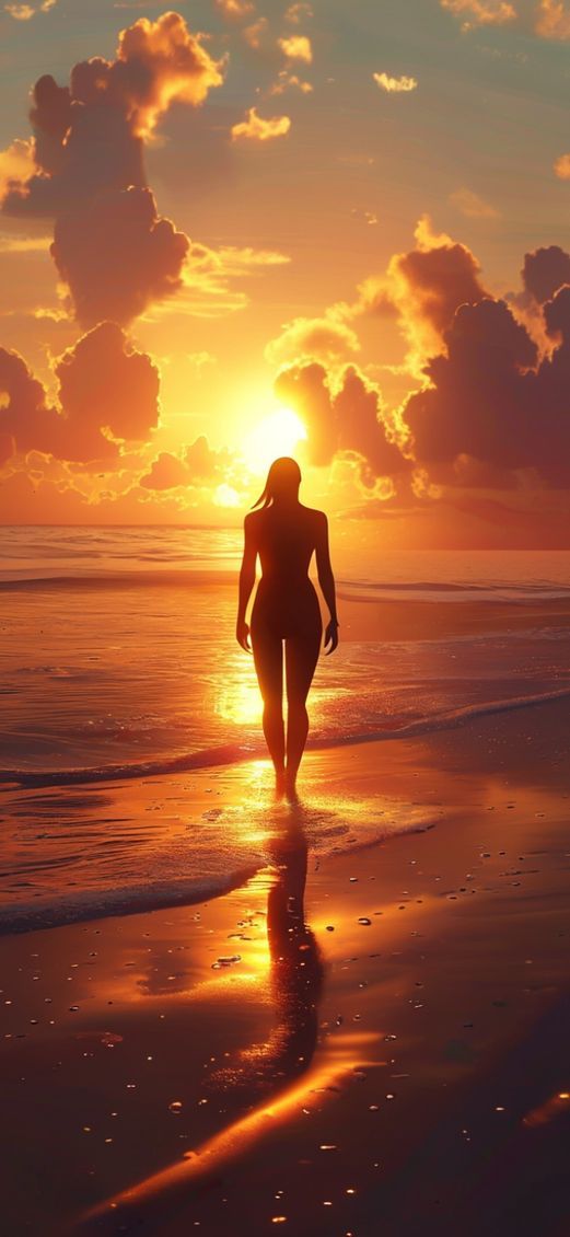Beach Sunset Golden Hour Silhouette Figure Photorealistic New Wallpaper