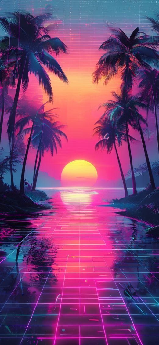 Sharp Palm Sunset Grid Synthwave Digital art Wallpaper