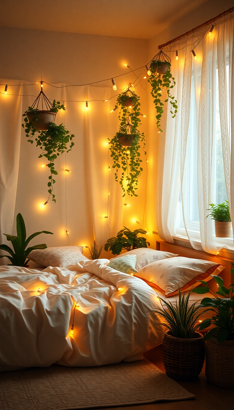 Photorealistic Urban Bedroom Fairy Lights Wallpaper