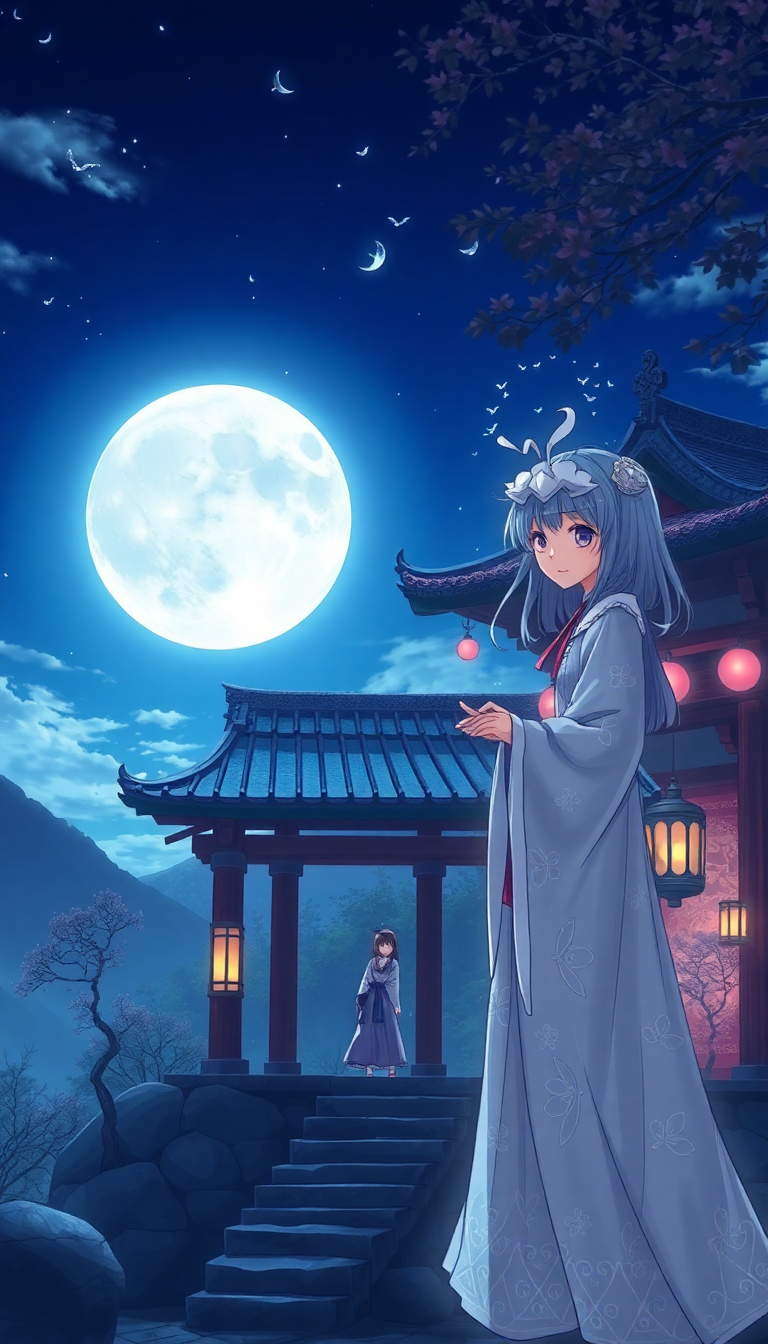 Zen Moonlit Shrine Maiden Anime Mystical Wallpaper