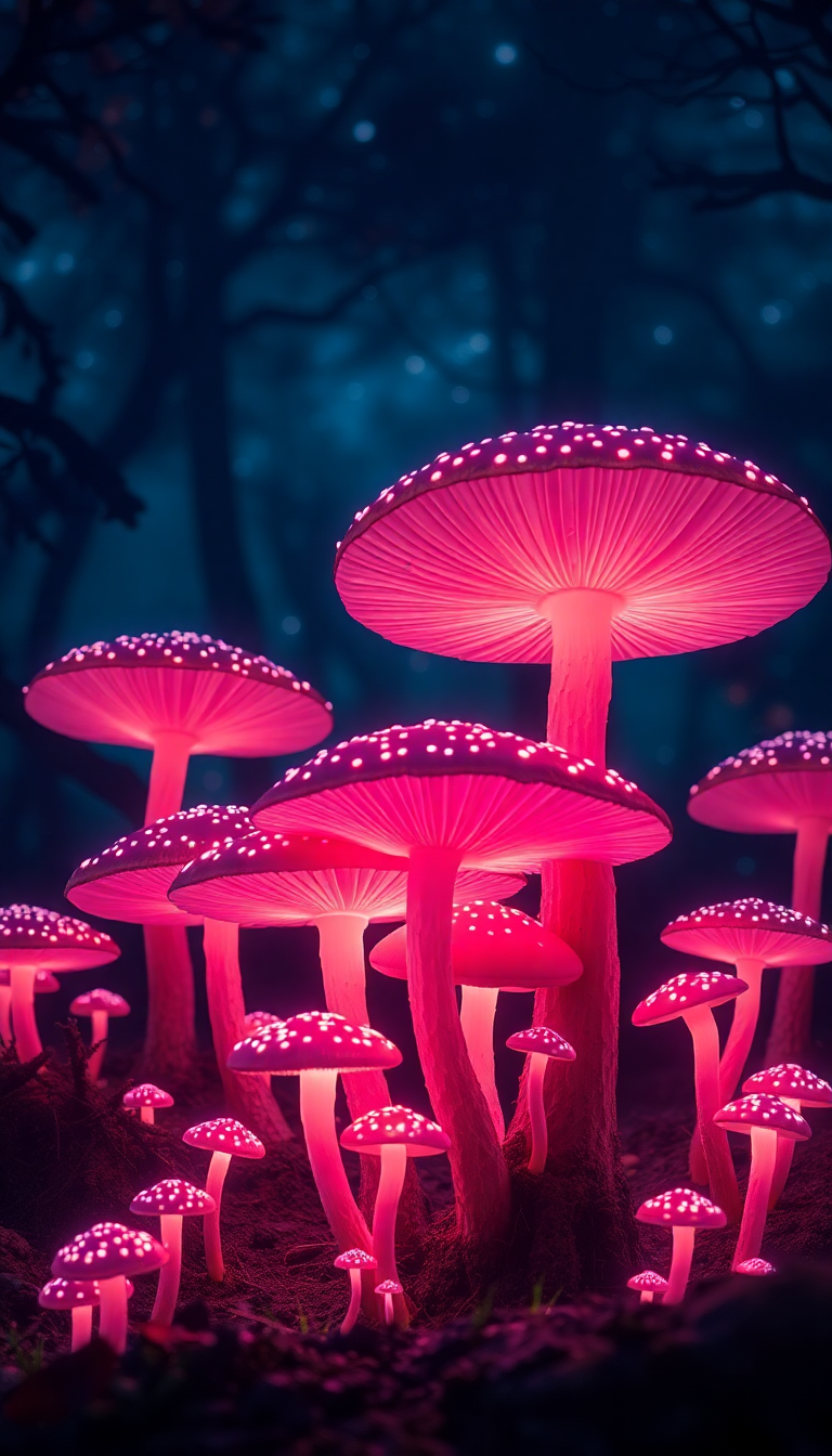 Striking Night At Forest Mushroom Photorealistic Wallpaper