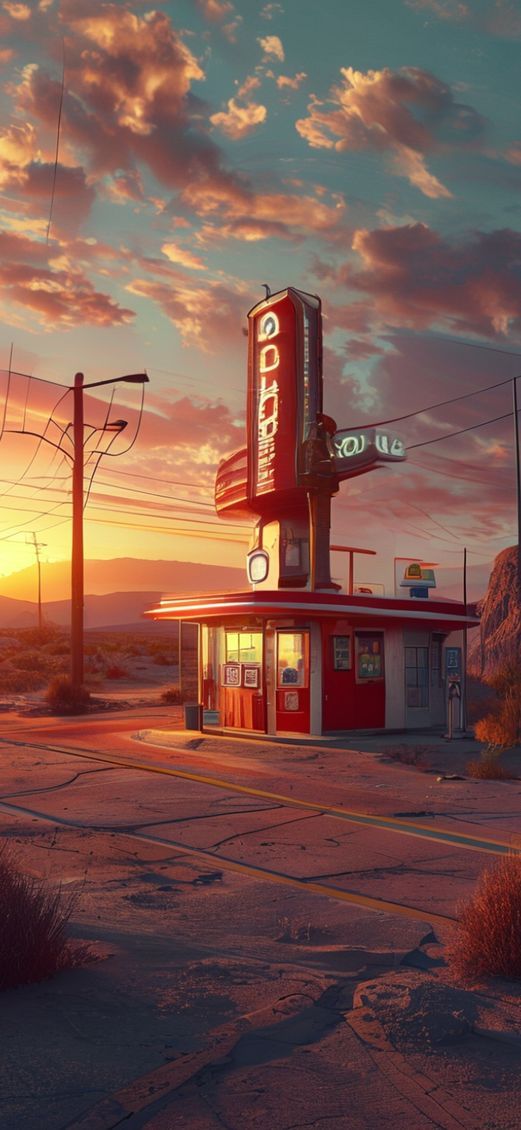 Charming Gas Station Desert Route Photorealistic Wallpaper