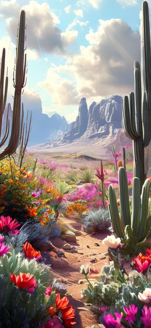 Blooming Desert After Rain Wildflowers Cacti Photorealistic Original Wallpaper