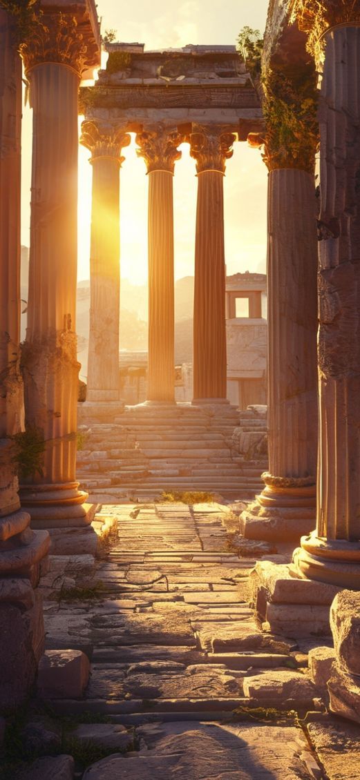 Ancient Greek Temple Ruins Golden Hour Photorealistic HD Wallpaper