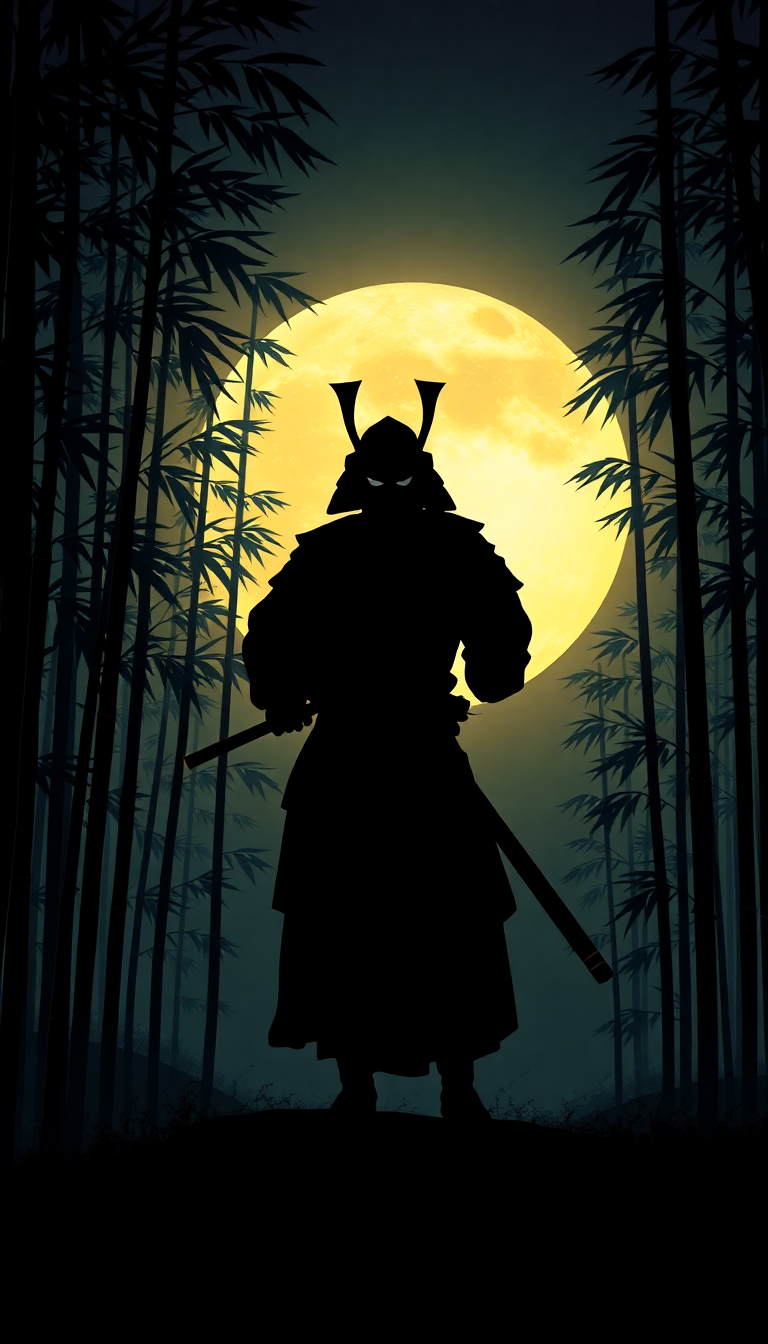 Frozen Samurai Silhouette Moonlit Bamboo Forest Wallpaper