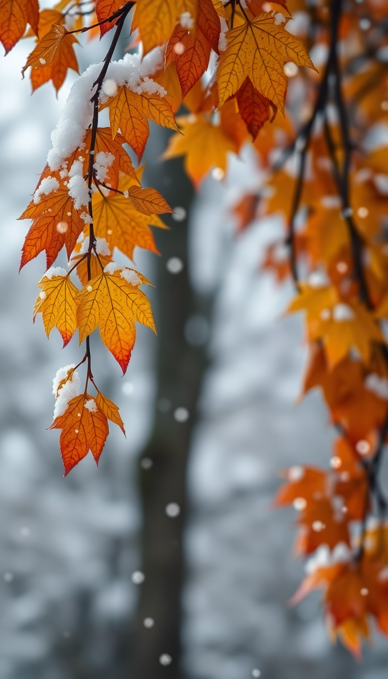 Minimalist First Snow Falling Autumn Leaves Wallpaper