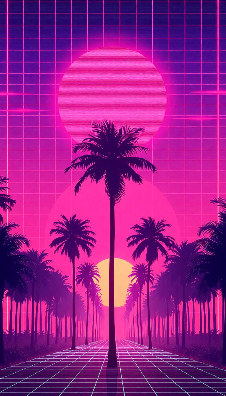 Digital art Zen Synthwave Grid Sunset Wallpaper
