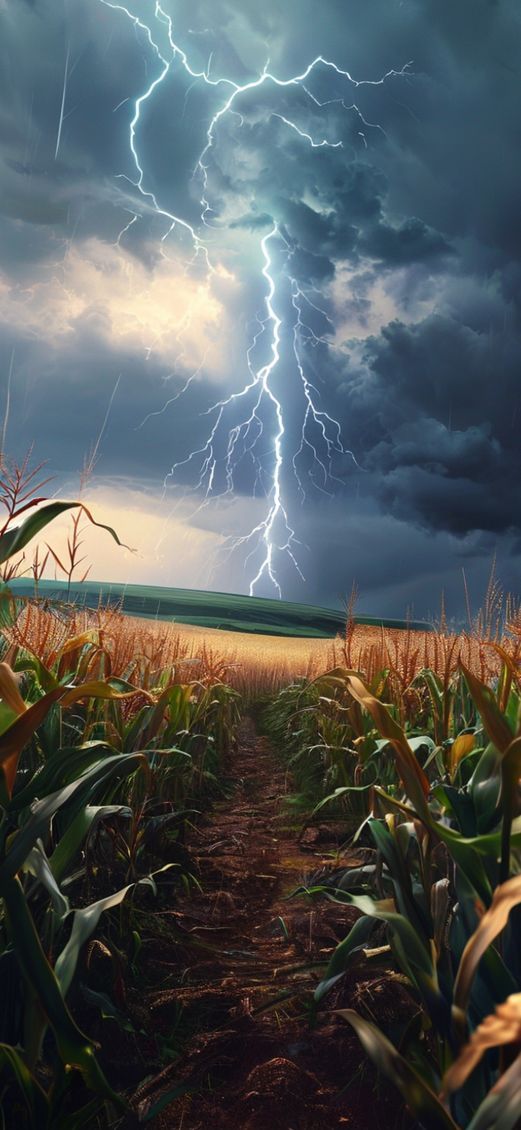 Rich Cornfield Over Lightning Thunderstorm Photorealistic Wallpaper