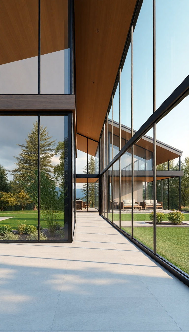 Modern Minimalist House Glass Walls Nature Photorealistic Classic Wallpaper