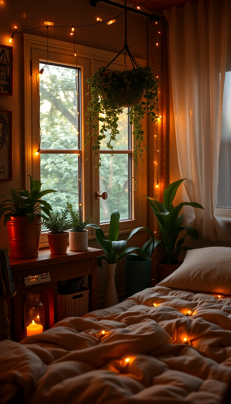 Lunar Bedroom Fairy Lights Plants Photorealistic Wallpaper