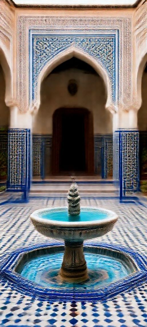 Photorealistic Fierce Courtyard Tiles Fountain Wallpaper