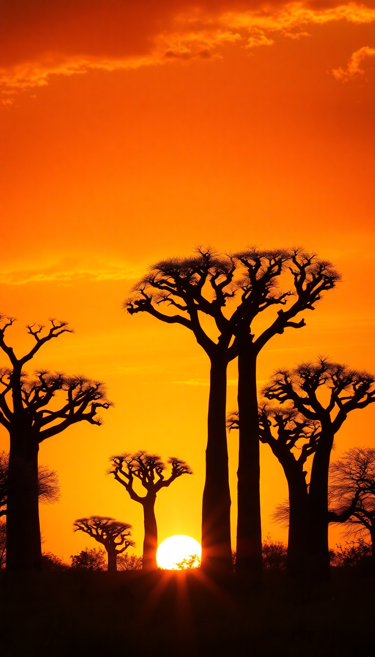 Sleek Baobab Silhouette Sunset Sky Photorealistic Wallpaper